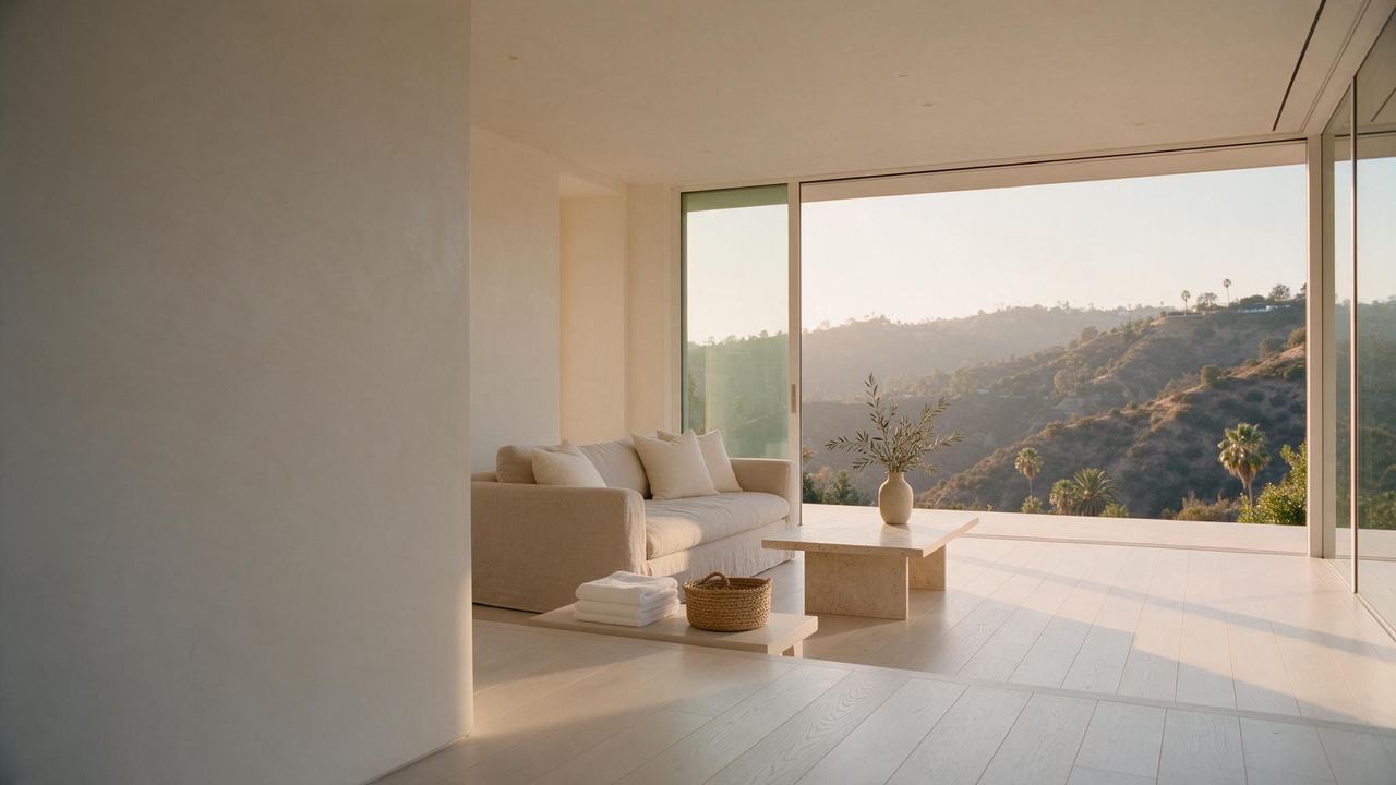 A sunlit, spotless living room in the hills above Los Angeles, with linen sofa, oak floors and a canyon view.